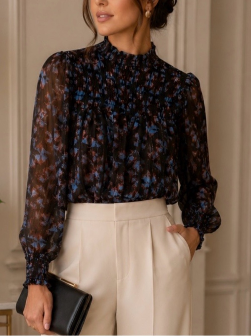 Elan Brown Geo Foil Bell Sleeve Blouse